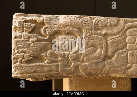 Detail of a throne of Mayan king K'inich Janabh' Pakal, showing the Cosmic Monster.   From the Palace at the Mayan ruins of Palenque, Mexico.  Palenqu Stock Photo