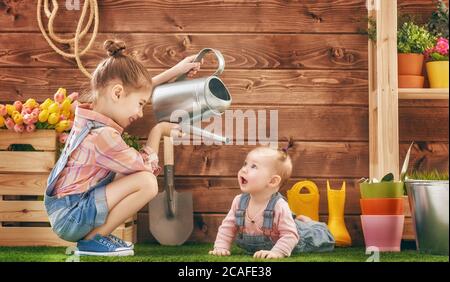 Cute children girls caring for her plants. Sisters watered flowers in pots. Spring concept, nature and care. Two little girls gardening in the backyar Stock Photo