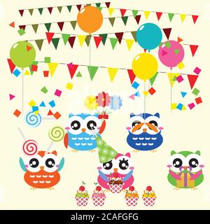 Set of birthday party elements with cute owls. Vector illustration Stock Vector