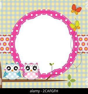 Frame of cute owls on tree branch. Vector illustration Stock Vector