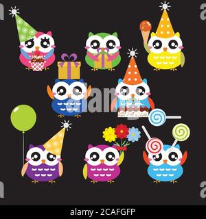 Set of birthday party elements with cute owls. Vector illustration Stock Vector