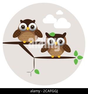 Cute owls couple on the tree Vector illustration Stock Vector
