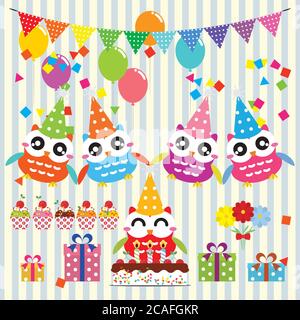 Set of birthday party elements with cute owls. Vector illustration Stock Vector