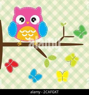 Owl in the tree and butterflies. Vector illustration. Stock Vector