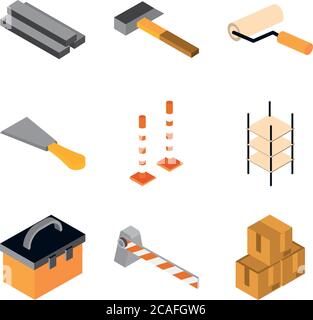 isometric repair construction work tool and equipment hammer trowel toolbox flat style icons set vector illustration Stock Vector