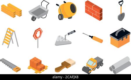 isometric repair construction work tool and equipment wheelbarrow spatula saw truck shovel flat style icons set vector illustration Stock Vector