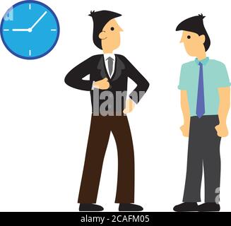 Angry boss complaining his employee for being coming late to work. Employee performance or punctuality concept. Vector illustration. Stock Vector