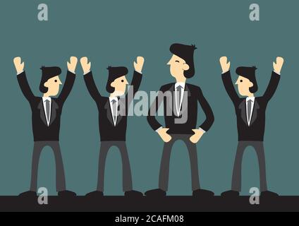 Happy successful businessman with his employee cheering for him. Concept of corporate culture, great leader and effective teamwork. Vector illustratio Stock Vector
