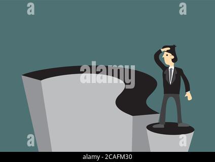 Confused businessman on a giant question mark, do not know where to go. Vector illustration. Stock Vector