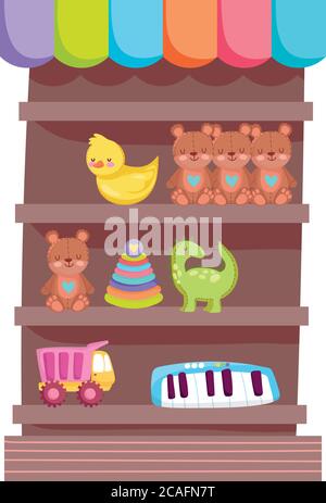 bears duck truck piano toys object for small kids to play cartoon on wood shelf shop vector illustration vector illustration Stock Vector