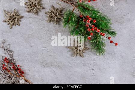 Christmas background, fir branch with red berries and sparkle snowflakes. Stock Photo