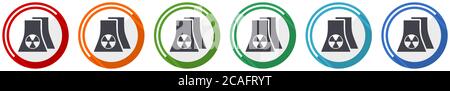 Nuclear power plant icon set, flat design vector illustration in 6 colors options for webdesign and mobile applications Stock Vector