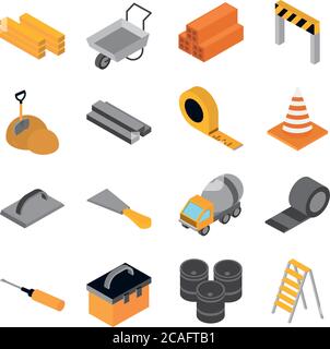 isometric repair construction work tool and equipment wood wheelbarrow barrier tape screwdriver truck barrels flat style icons set vector illustration Stock Vector