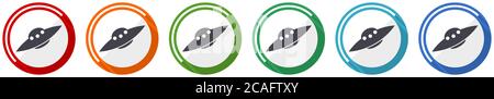 Ufo, alien spaceship icon set, flat design vector illustration in 6 colors options for webdesign and mobile applications Stock Vector