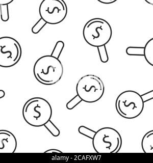 Magnifier glass with money icon in flat style. Dollar search vector illustration on white isolated background. Financial currency seamless pattern bus Stock Vector