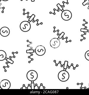 Magnifier glass with money icon in flat style. Dollar search vector illustration on white isolated background. Financial currency seamless pattern bus Stock Vector