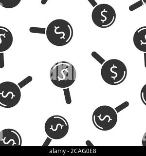 Magnifier glass with money icon in flat style. Dollar search vector illustration on white isolated background. Financial currency seamless pattern bus Stock Vector
