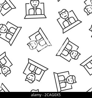 People with laptop computer icon in flat style. Pc user vector illustration on white isolated background. Office manager seamless pattern business con Stock Vector