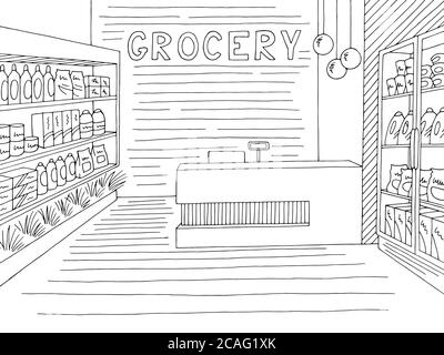 Grocery store shop interior black white graphic sketch illustration vector Stock Vector