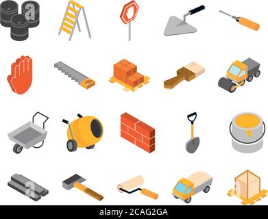 isometric repair construction work tool and equipment barrels ladder saw brush shovel bucket hammer screwdriver flat style icons set vector illustration Stock Vector