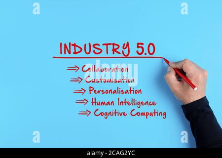 Male hand writing the word industry 5.0 and its main content on blue background. Tha basics or core concepts of industry 5.0. Stock Photo