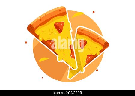 Two slices of pizza with salami in flat style. Stock Vector