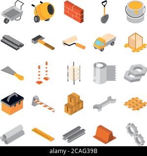 isometric repair construction work tool and equipment concrete mixer wheelbarrow hammer brush gear tape barricade flat style icons set vector illustration Stock Vector