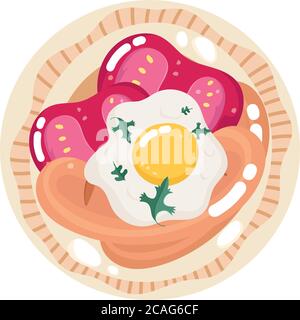 food dinner menu fresh cartoon fried egg sausages and tomatoes on dish vector illustration Stock Vector