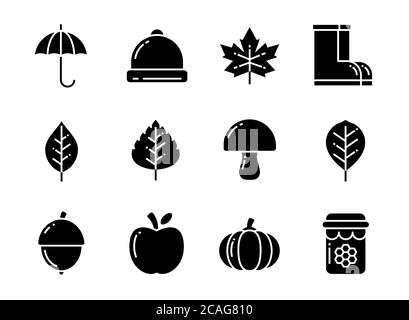 Autumn icon set with solid style. Symbols for website, magazine, app and design. Stock Vector