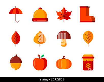 Autumn icon set with flat color style. Symbols for website, magazine, app and design. Stock Vector