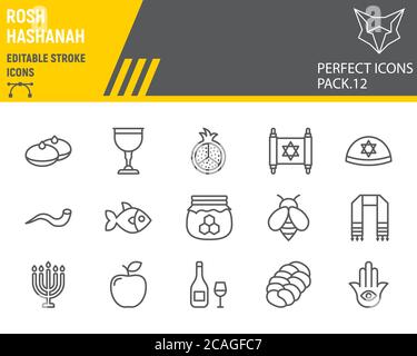 Rosh hashanah line icon set, hanukkah collection, vector sketches, logo illustrations, shana tova icons, rosh hashanah signs linear pictograms Stock Vector