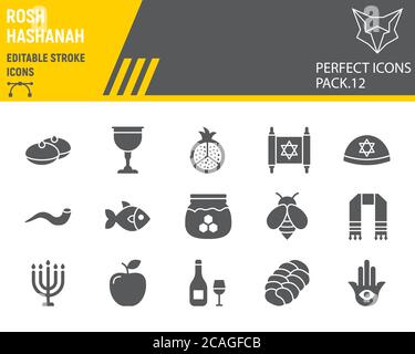 Rosh hashanah glyph icon set, hanukkah collection, vector sketches, logo illustrations, shana tova icons, rosh hashanah signs solid pictograms Stock Vector