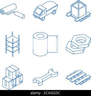isometric repair construction work tool and equipment hammer trowel toolbox flat style icons set vector illustration Stock Vector