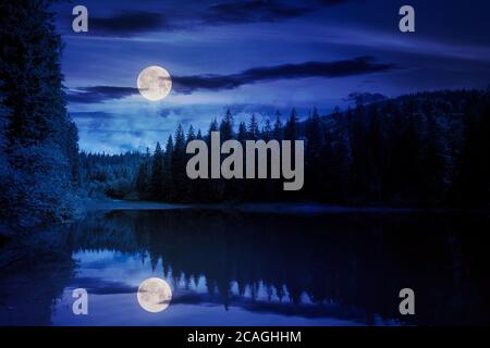 scenery around the lake in mountains at night. spruce forest on the shore. reflection in the water in full moon light. weather with clouds on the sky Stock Photo