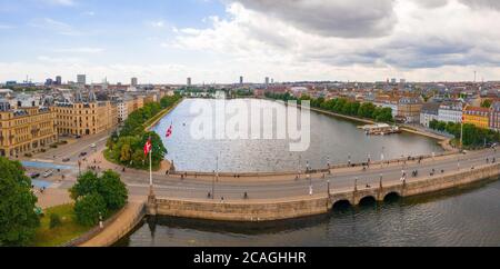 Aerial view of Tivoli Gardens amusement park and Nyhavn district with canals in Copenhagen, Denmark Stock Photo