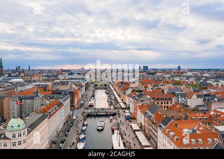 Aerial view of Tivoli Gardens amusement park and Nyhavn district with canals in Copenhagen, Denmark Stock Photo