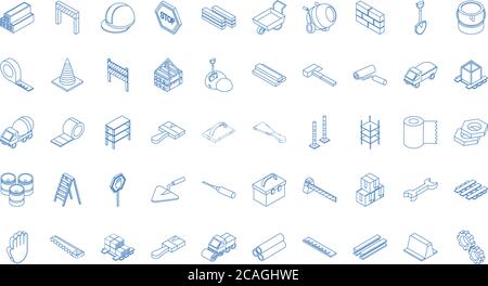 isometric repair construction work tool and equipment brick barrier helmet sign board shovel saw screwdrive flat style icons set vector illustration Stock Vector