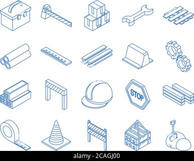 isometric repair construction work tool and equipment toolbox barrier boxes wrench hekmet measure tape flat style icons set vector illustration Stock Vector