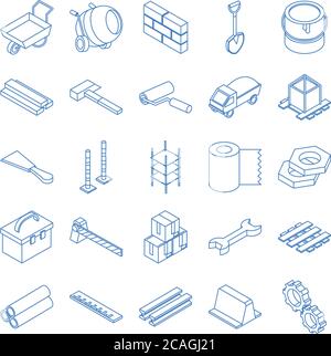 isometric repair construction work tool and equipment concrete mixer wheelbarrow hammer brush gear tape barricade flat style icons set vector illustration Stock Vector