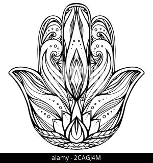 Contour illustration Hamsa with boho pattern. Hand of Buddha. Vector element for tattoos, cards, printing on T-shirts. Tracery hand drawn pattern Stock Vector