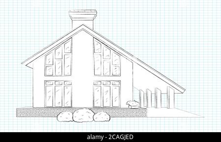 Linear pencil sketch of the facade of the house. White silhouette of a cottage-type house. Isolated. Vector Stock Vector