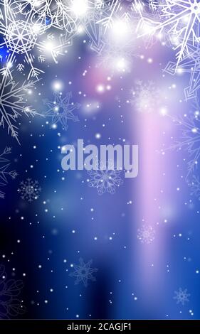Blurred blue Christmas winter background with sparkles and snowflakes. Stock Vector