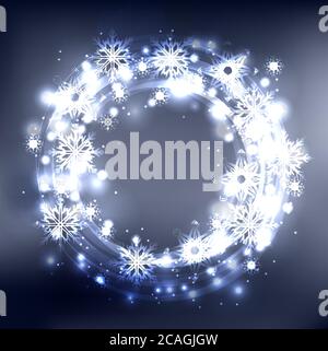 Round frame with glowing sparks and snowflakes on a blurred background with place for text. Vector element for your design Stock Vector
