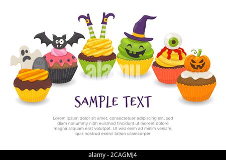 Halloween background with six funny cupcakes isolated on white background. Editable blank space, perfect for headers and DIY cards. Vector illustratio Stock Vector