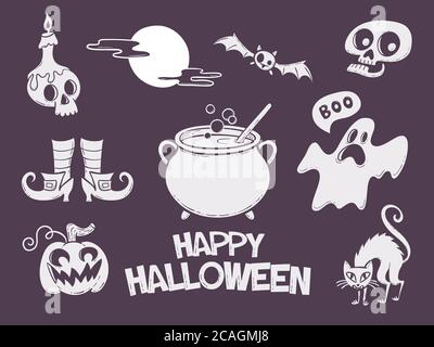 Set of hand drawn halloween decoration elements. Perfect for create stamps, stickers and transfers Stock Vector
