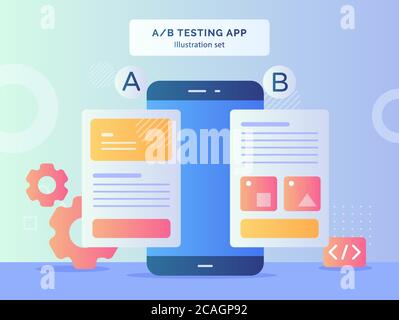 A B testing app illustration set result comparing two web site page wireframe mobile on smartphone with flat style. Stock Vector