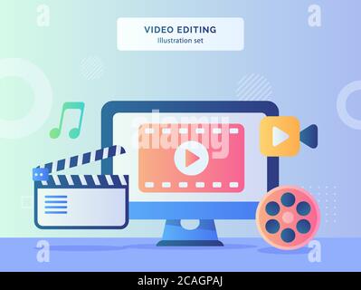 Video editing illustration set video on computer screen background of camera filmstrip music with flat style. Stock Vector
