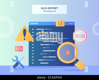 Bug report illustration set magnifying bug on data computer background of warning sign wrench screwdriver with flat style. Stock Vector