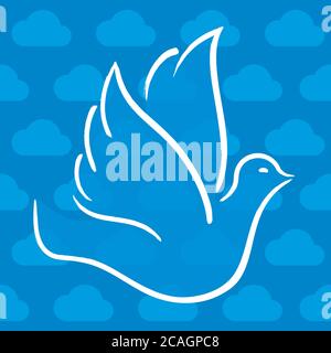 Vector illustration. Dove flying over cloudy sky in blue and white tones. Stock Vector