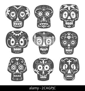 Mexican skull set. Cute black and white sugar skulls in cartoon style. Vector Illustration. Stock Vector
